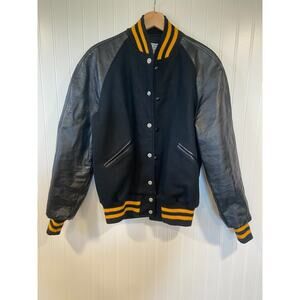 Vintage Butwin Varsity Letterman Jacket Mens S Blank Black Yellow Leather USA